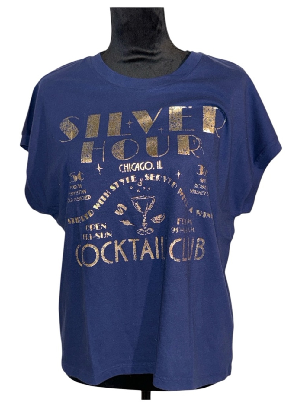 •ANTHROPOLOGIE•NWT NAVY BLUE “SILVER HOUR COCKTAIL CLUB” GRAPHIC TEE SIZE MEDIUM - Picture 5 of 9